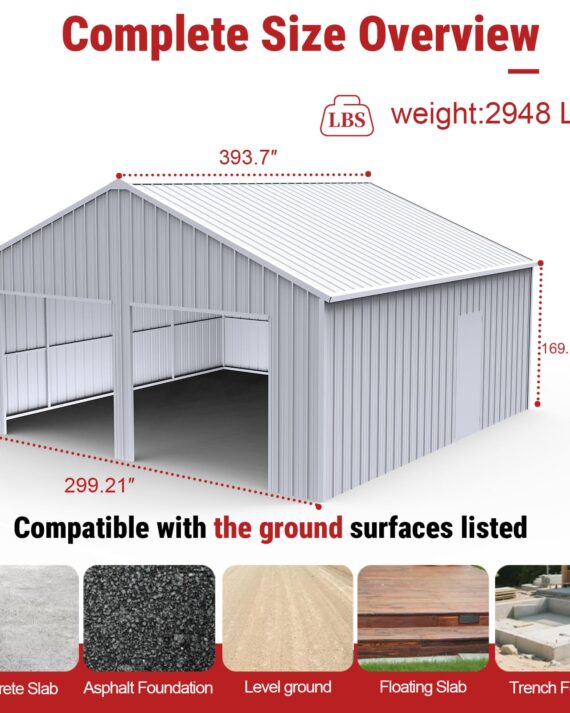 Metal storage shed with dimensions and compatibility information on a white background