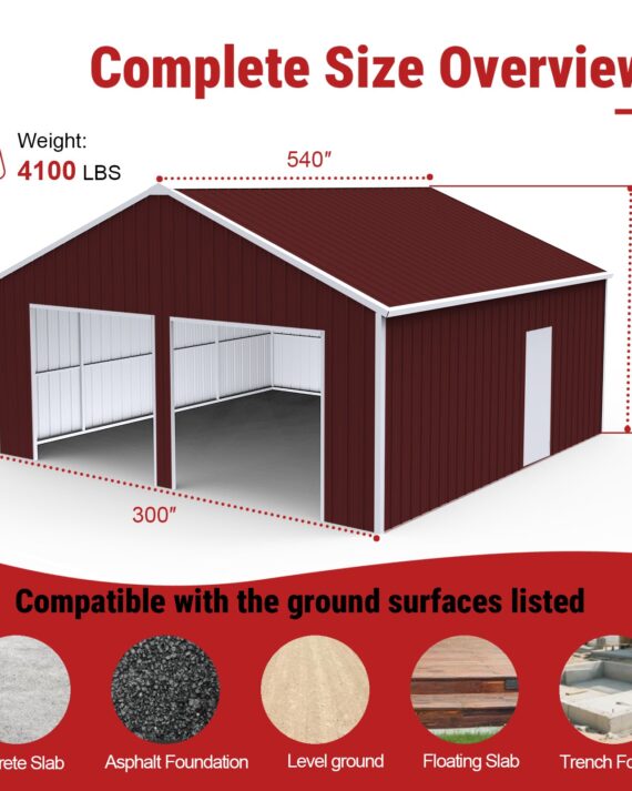Red metal garage with dimensions and weight information on a white background