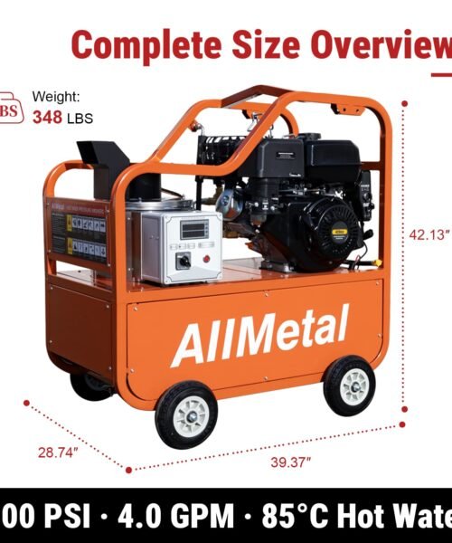 Orange AllMetal pressure washer with specifications on a white background