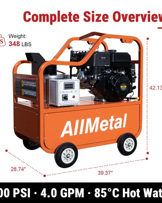 Orange AllMetal pressure washer with specifications on a white background