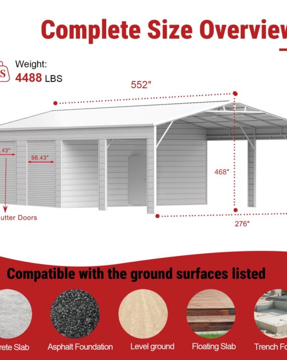 Metal carport with dimensions and compatibility information on a red background