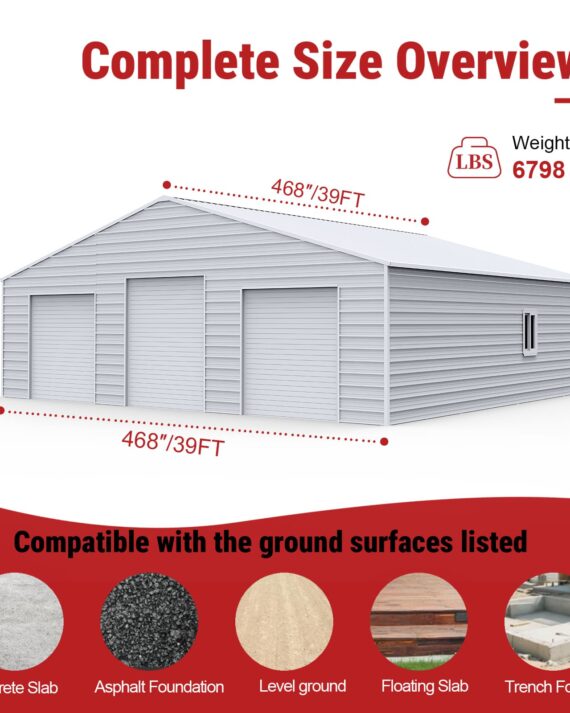 Complete size overview of a metal building with dimensions and weight information, along with compatibility with ground surfaces.