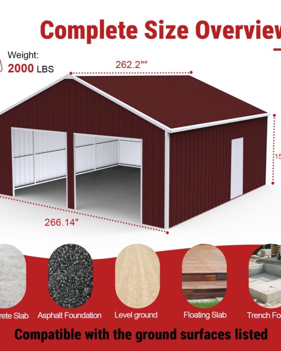 Red metal garage with dimensions and weight information on a white background