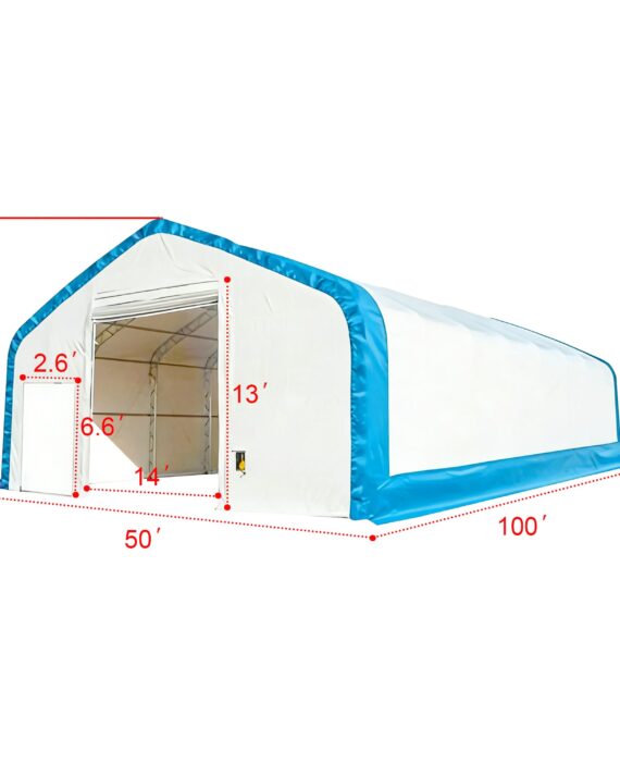 Measurement chart of an inflatable storage tent with dimensions labeled.