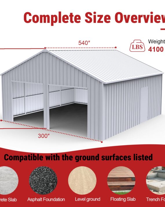 Metal storage shed with dimensions and weight information on a white background