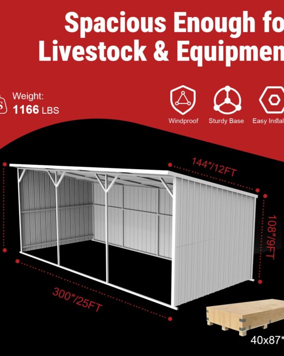 Storage shed with dimensions and features on a red background