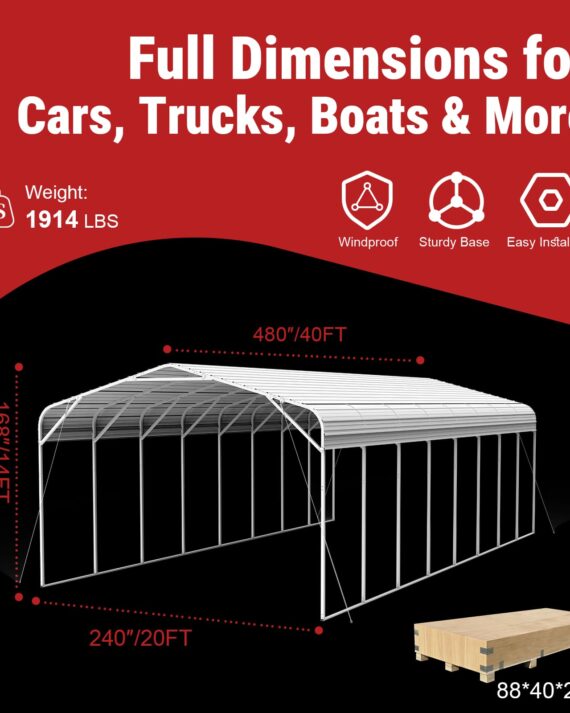 Carport with dimensions and features on a red background