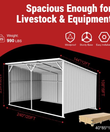 Metal livestock shelter with dimensions and features on a red background