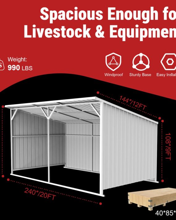 Metal livestock shelter with dimensions and features on a red background