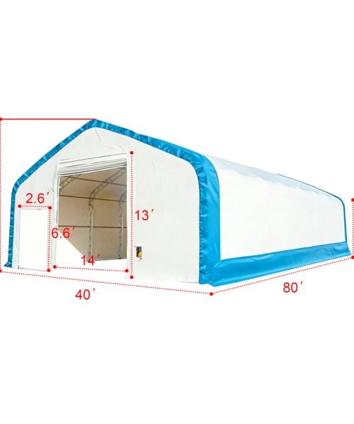 Measurement chart of an inflatable storage tent with dimensions labeled.