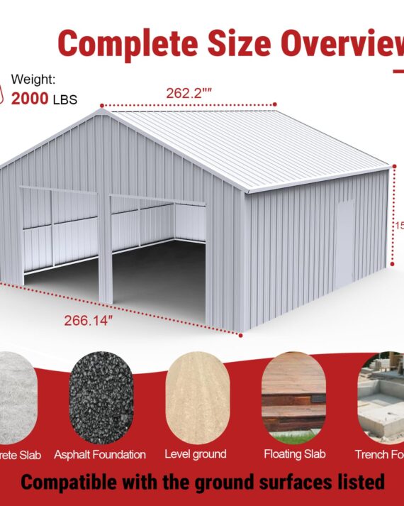 Complete size overview of a storage shed with dimensions and ground surface compatibility information.