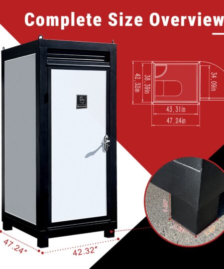 Black metal cabinet with dimensions displayed on a red and white background