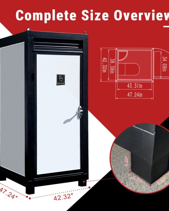 Black metal cabinet with dimensions displayed on a red and white background