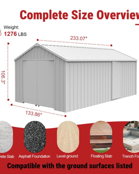 Measurement chart of a storage shed with dimensions and ground surface compatibility on a white background.