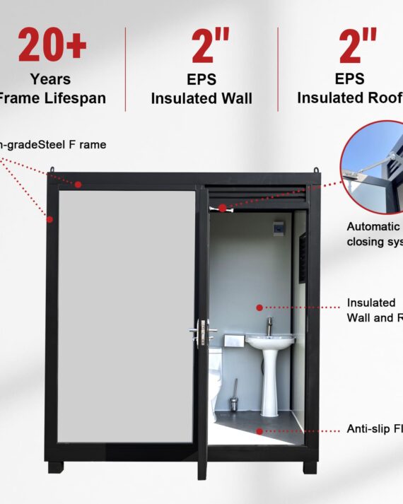 Portable bathroom unit with insulation features and lifespan details on a white background