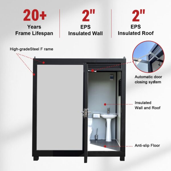 Portable bathroom unit with insulation features and lifespan details on a white background