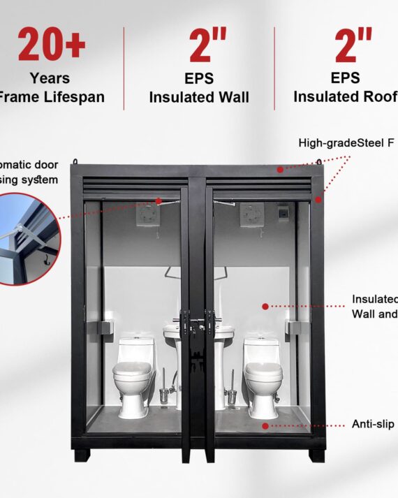 Modular bathroom unit with insulation features and lifespan details on a white background