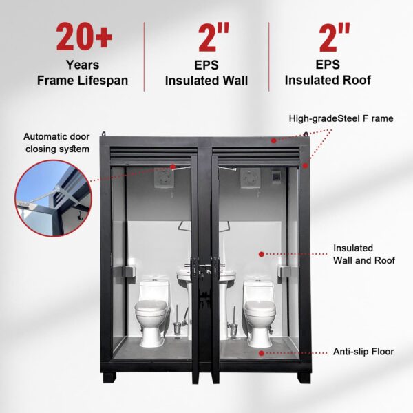 Modular bathroom unit with insulation features and lifespan details on a white background