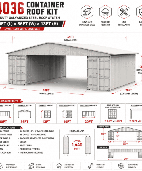 40FT x 36FT Container Roof Kit – Heavy-Duty Steel Shelter (No Containers)
