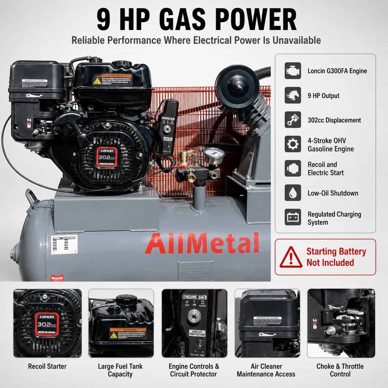 40 Gal ASME Air Compressor – 9HP Gas, 175 PSI, Heavy-Duty, 14.5 CFM - Image 5