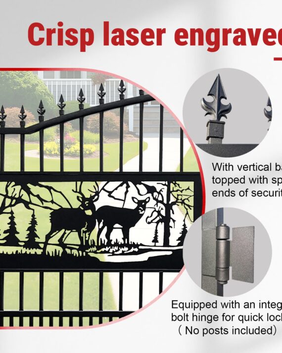 Metal gate design with laser engraving of deer and trees, featuring vertical bars and a bolt hinge.
