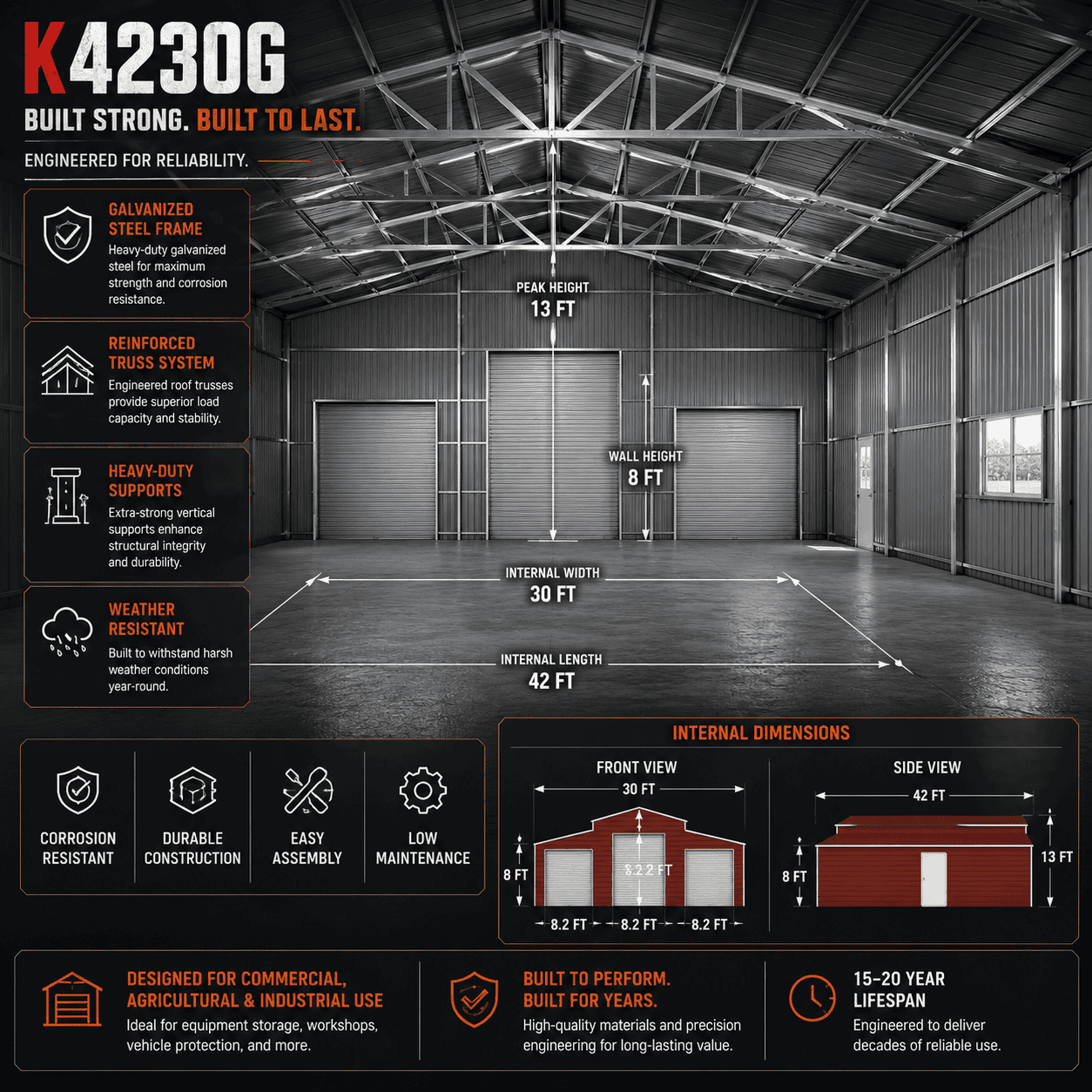 42FT x 30FT Heavy-Duty Metal Storage Shed for Home & Farm use with 3 roll up doors - Image 5