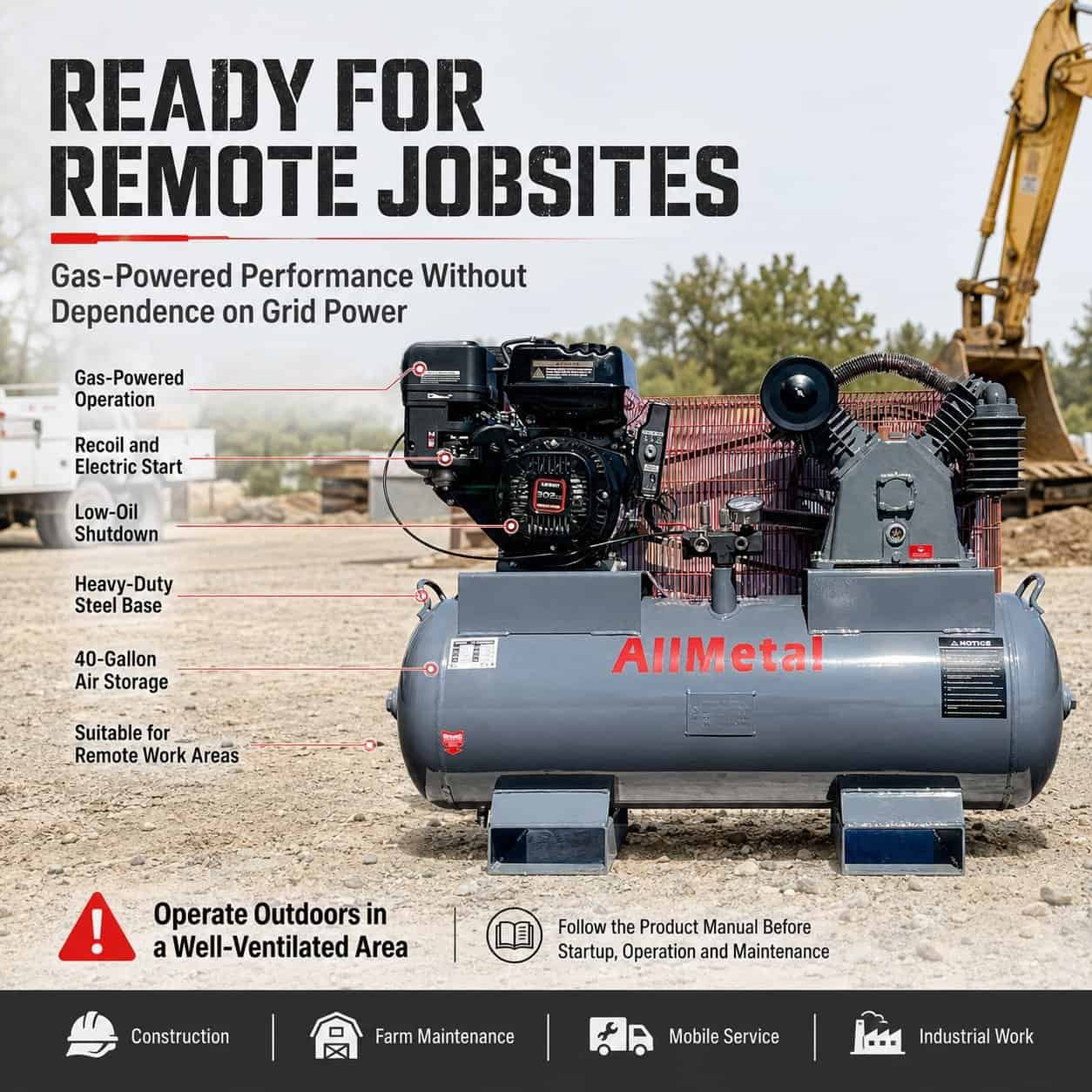 40 Gal ASME Air Compressor – 9HP Gas, 175 PSI, Heavy-Duty, 14.5 CFM - Image 9