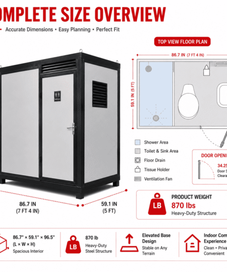 Portable restroom with shower, steel frame, insulated, all-in-one design for outdoor use.