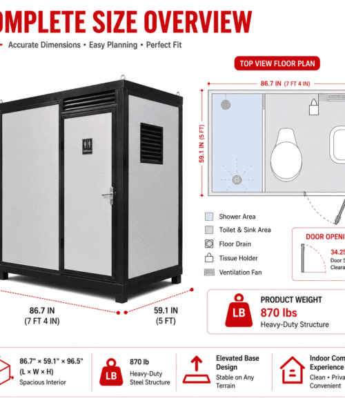 Portable restroom with shower, steel frame, insulated, all-in-one design for outdoor use.