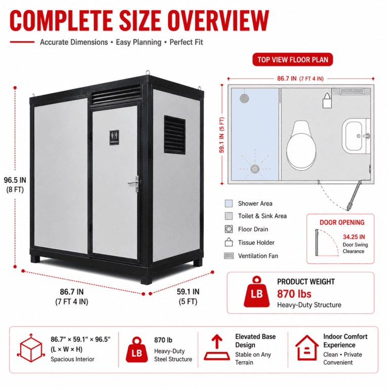Portable restroom with shower, steel frame, insulated, all-in-one design for outdoor use.