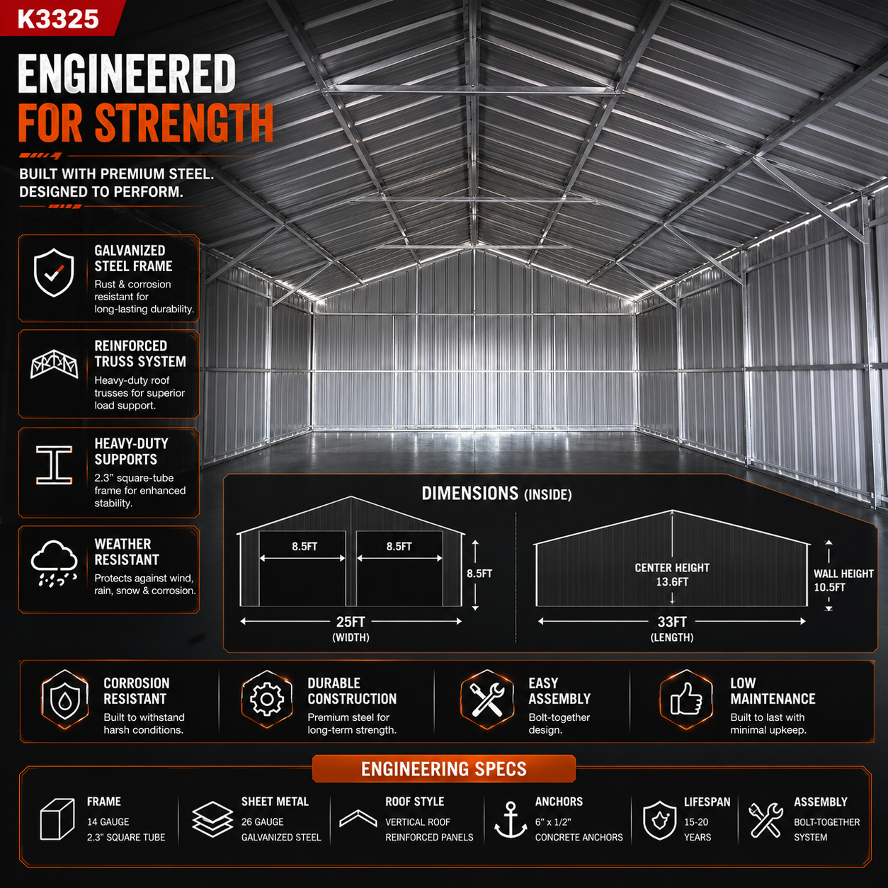 33FT x 25FT Metal Garage Barn – Reinforced Steel Structure - Image 5