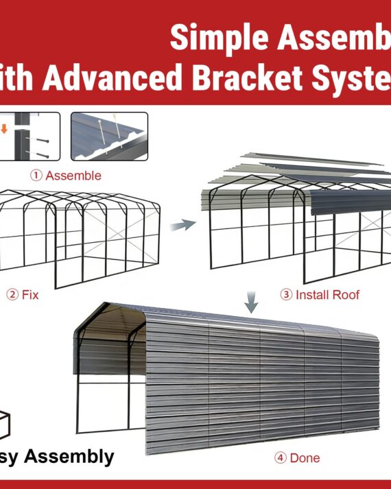Step-by-step guide to assembling a greenhouse with an advanced bracket system on a red background.