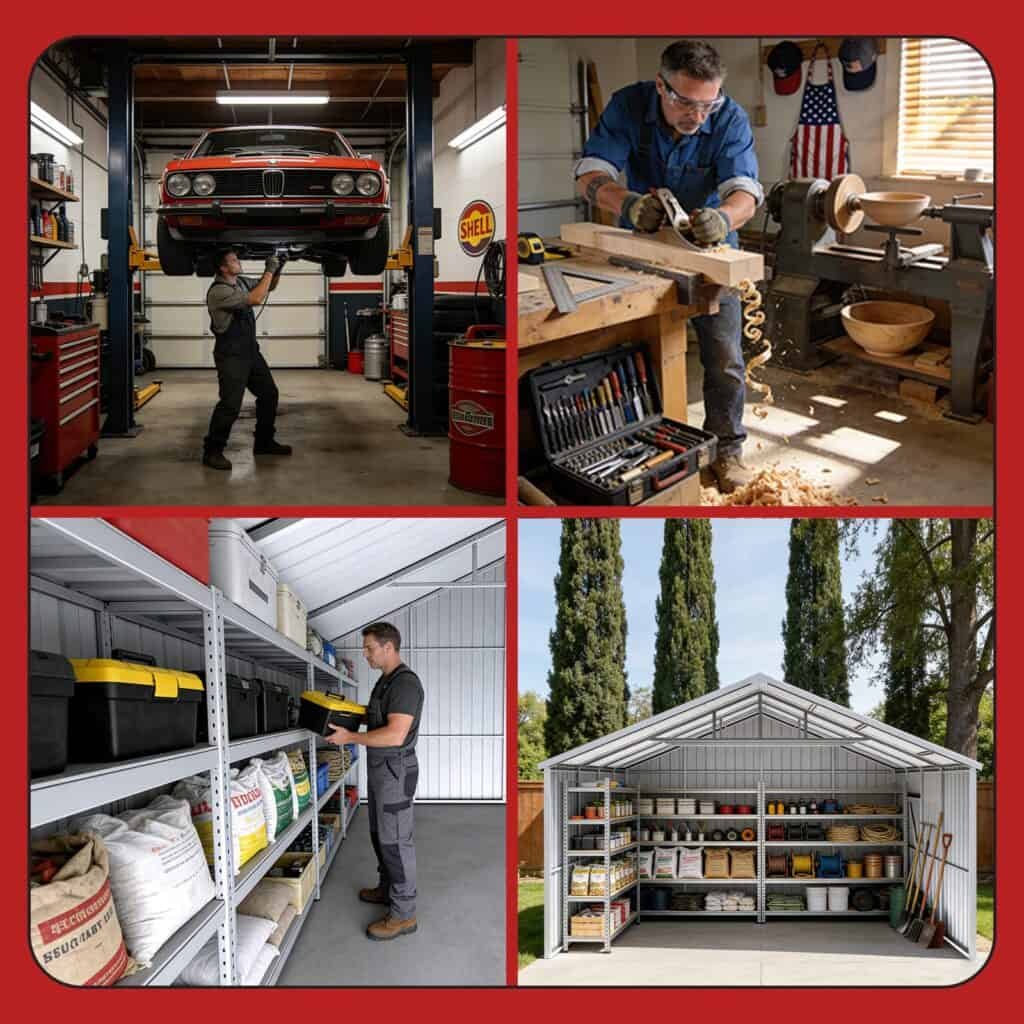 Collage of four images showing a garage, workshop, storage shelves, and a garden shed.