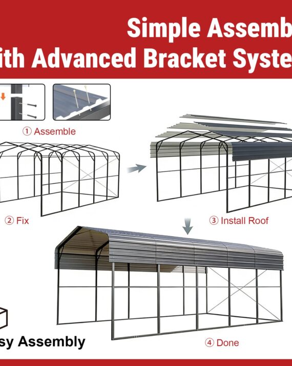 Step-by-step guide to assembling a greenhouse with an advanced bracket system on a red background.