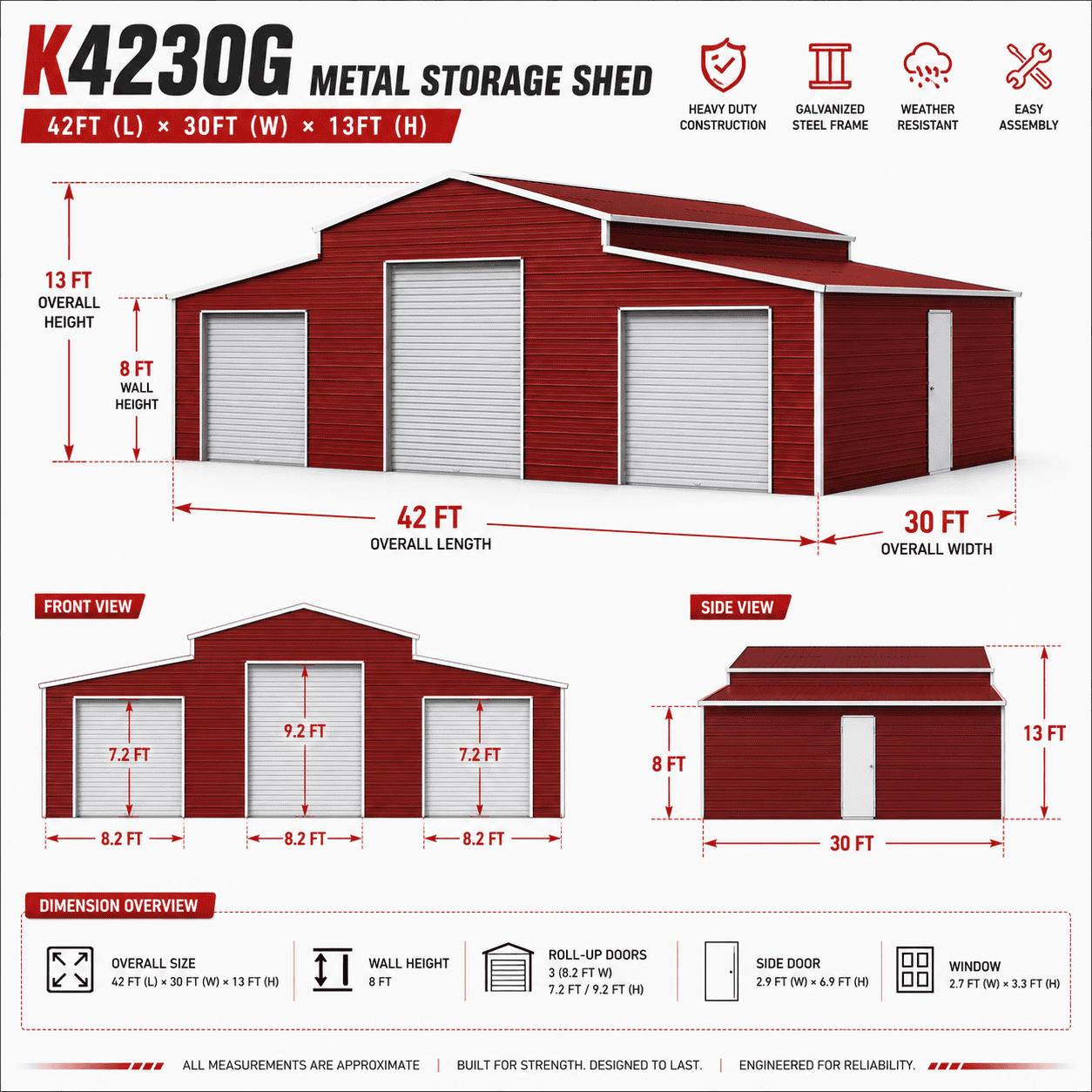 42FT x 30FT Heavy-Duty Metal Storage Shed for Home & Farm use with 3 roll up doors - Image 2