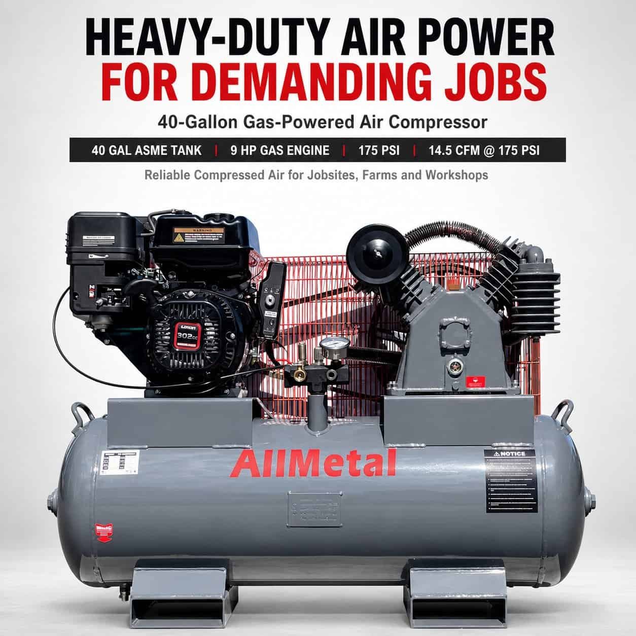 40 Gal ASME Air Compressor – 9HP Gas, 175 PSI, Heavy-Duty, 14.5 CFM - Image 6