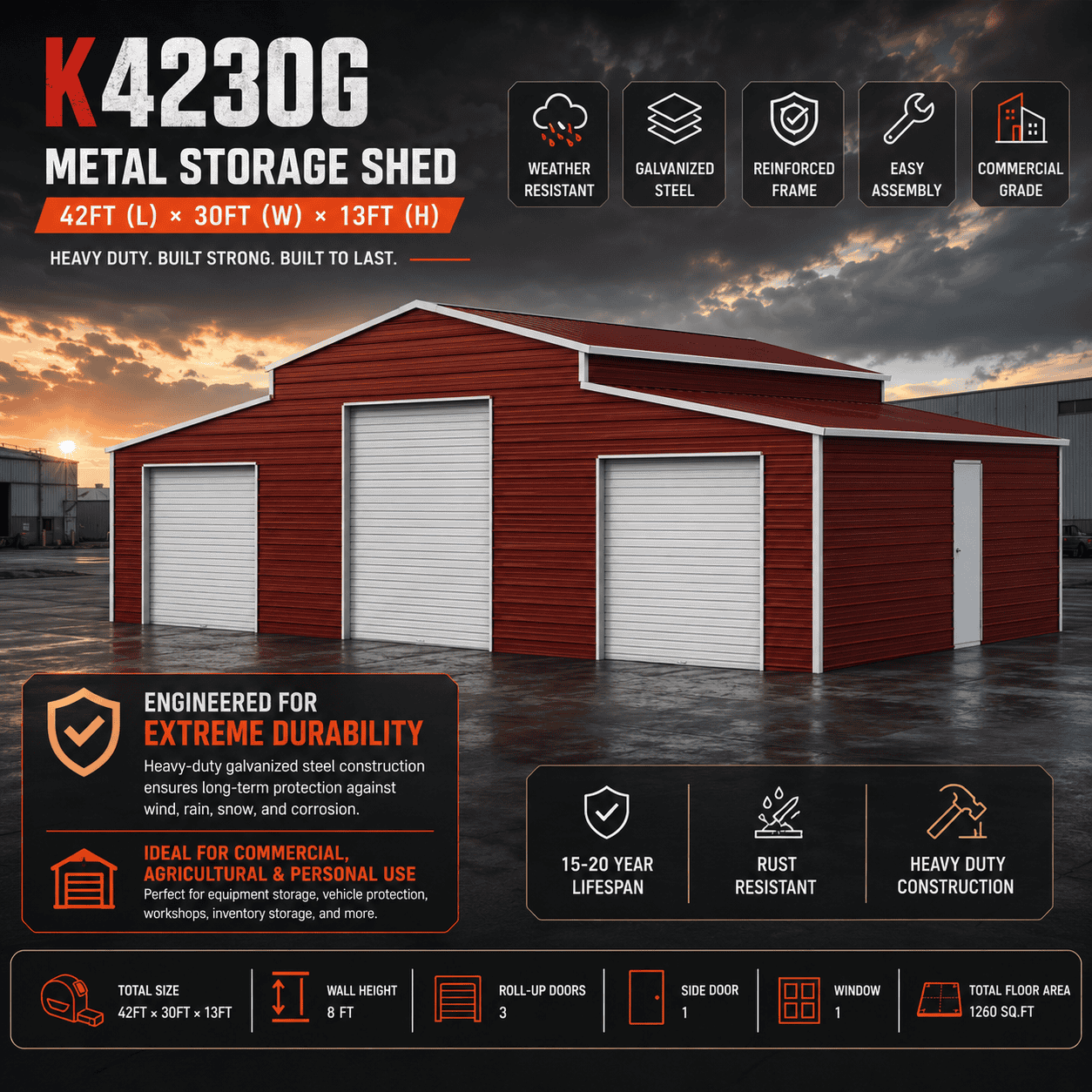42FT x 30FT Heavy-Duty Metal Storage Shed for Home & Farm use with 3 roll up doors - Image 6