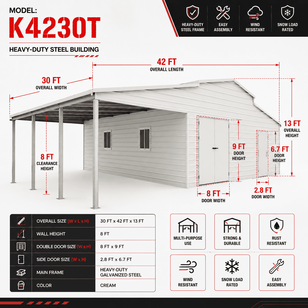 42FT x 30FT Heavy-Duty Metal Storage Shed – Weather-Resistant Steel Structure for Home & Farm Use - Image 2