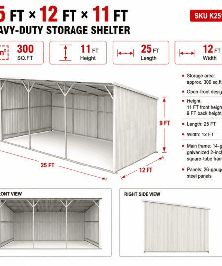 25ft x 12ft steel farm shed for equipment and driveway storage.