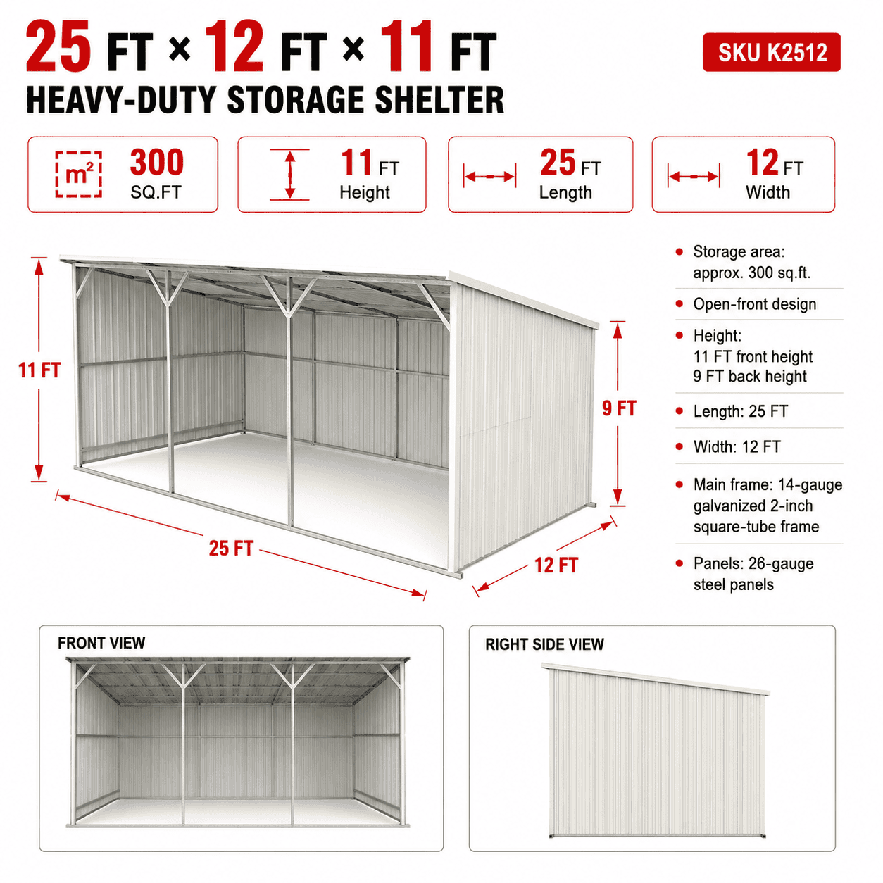 25ft x 12ft steel farm shed for equipment and driveway storage.