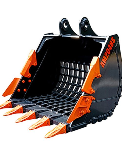 Black and orange excavator bucket on a white background