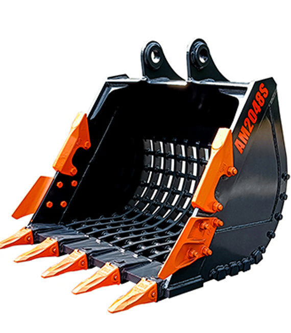 Black and orange excavator bucket on a white background