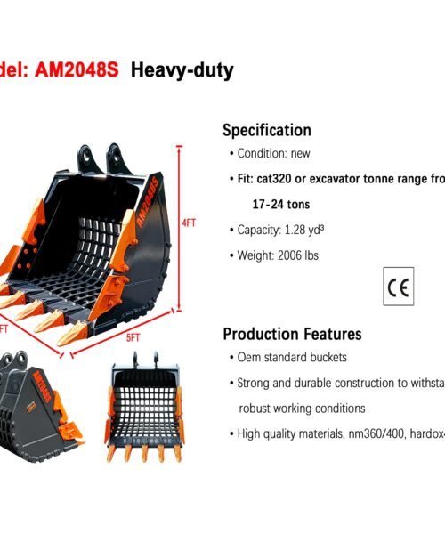 Heavy-duty excavator bucket with specifications and features on a white background