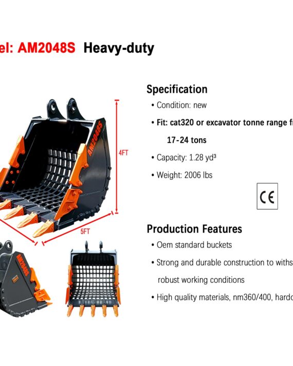 Heavy-duty excavator bucket with specifications and features on a white background