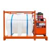 Orange industrial cart with a large white container and a pump on a white background