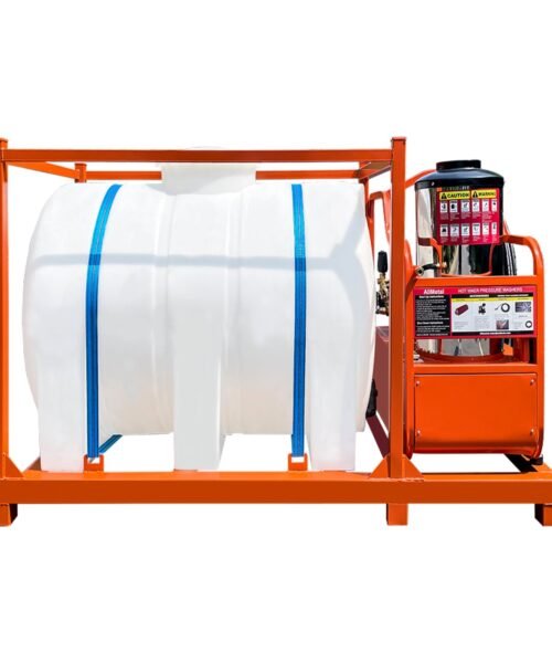 Orange industrial cart with a large white container and a pump on a white background