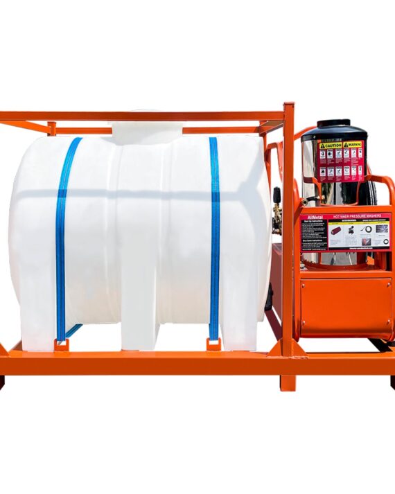 Orange industrial cart with a large white container and a pump on a white background