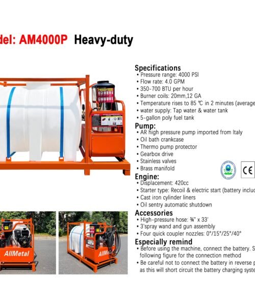 Heavy-duty machine with specifications and features listed on a white background