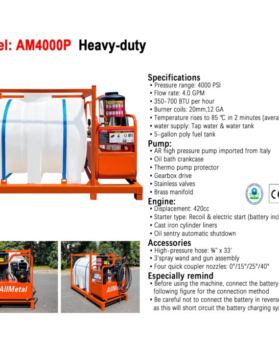 Heavy-duty machine with specifications and features listed on a white background