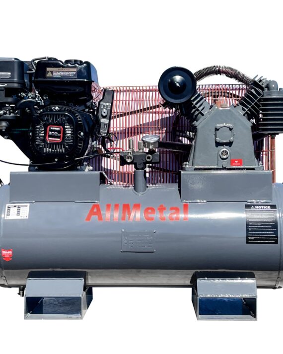 Air compressor with 'AllMetal!' branding on a white background